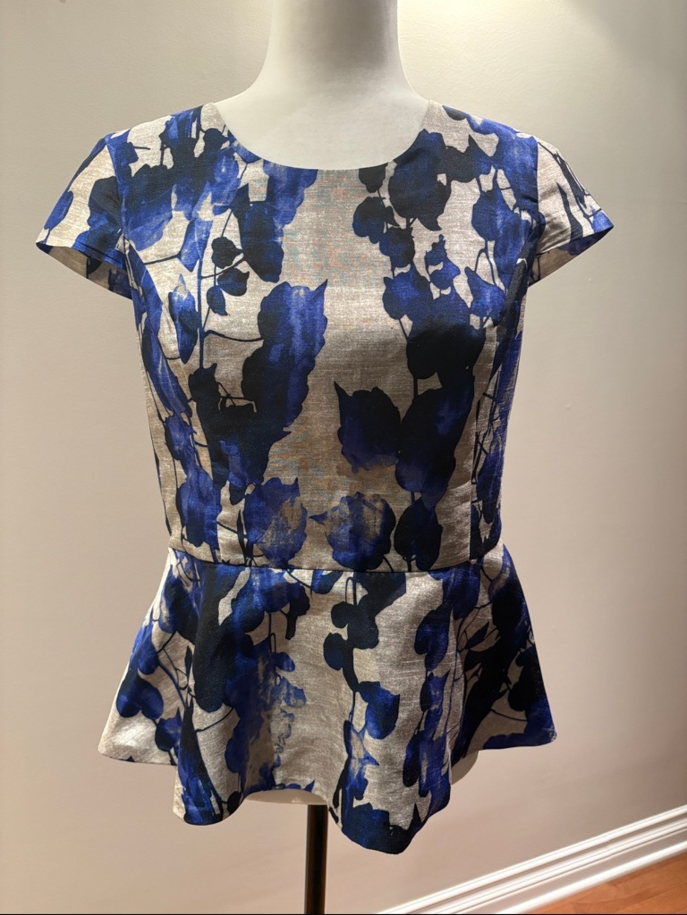 Women’s Blue Floral Peplum Blouse with Cream Base